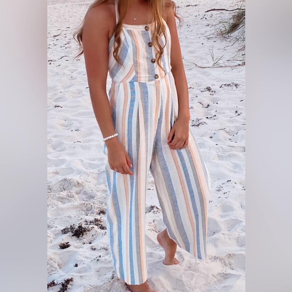 Pastel colored striped halter neck romper size M